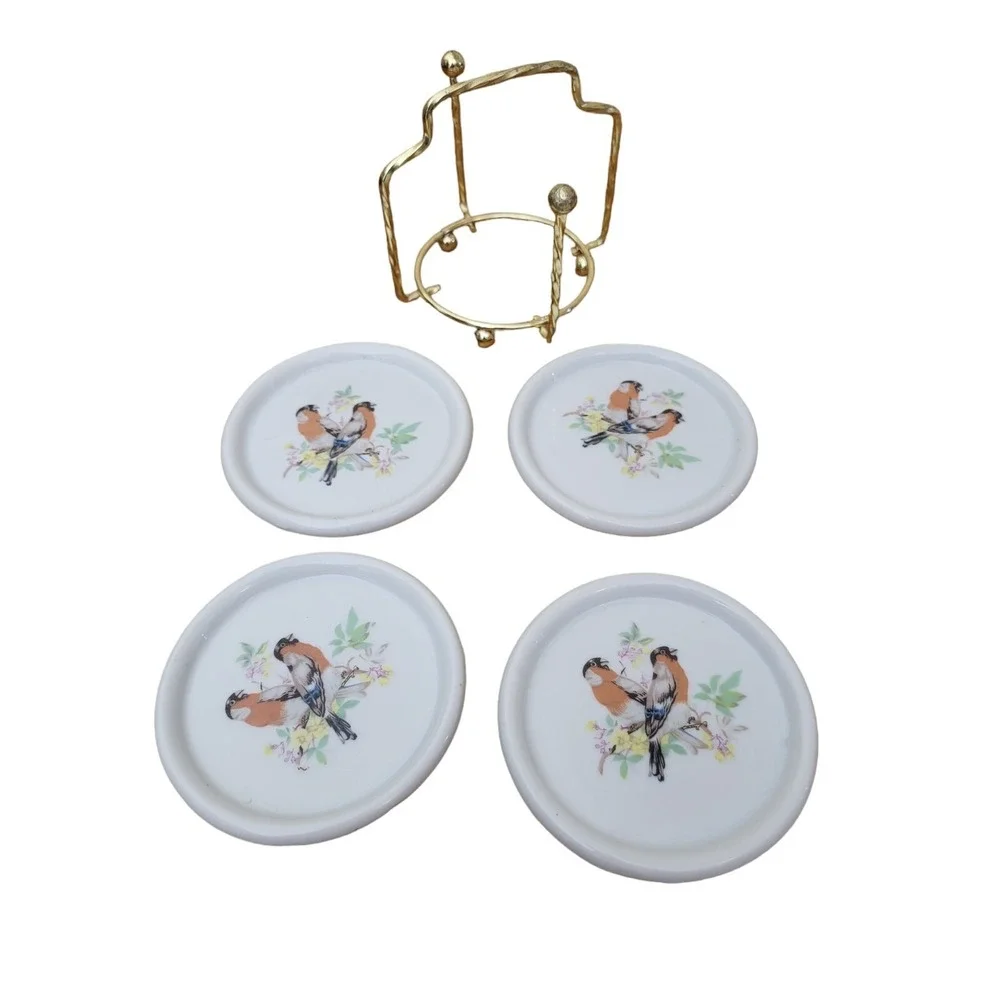Set‎ of 4 Ceramic Porcelain Drink Coasters Vintage Birds Taiwan Carrying Caddy